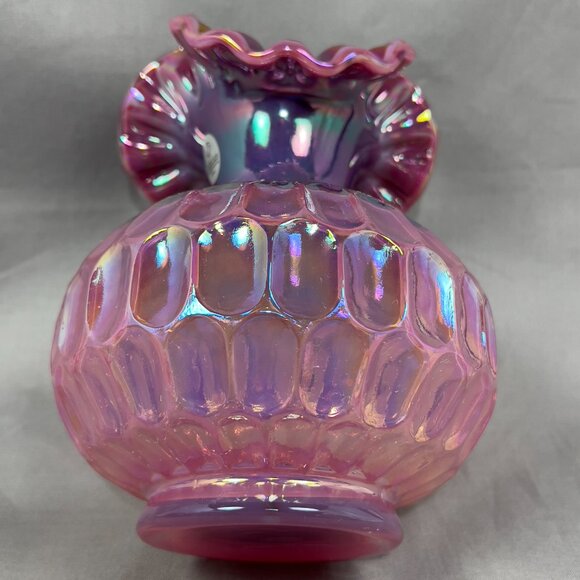 Vtg Frank Fenton Art Glass Plum Pink Carnival Iridescent Thumbprint Vase Signed - Picture 13 of 15